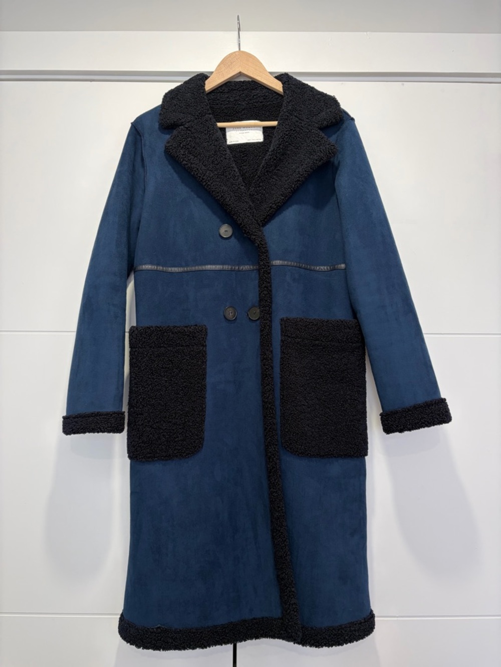 Zara Navy Blue Faux-Shearling Coat with Navy Blue Suede Trim
